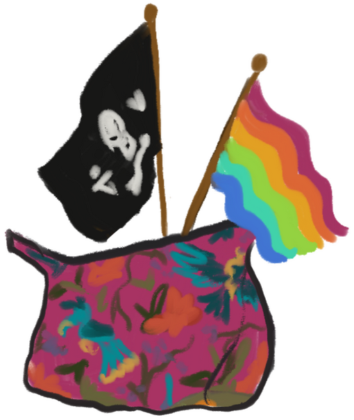 Digital drawing of a craft market table display with a folded quilt, tiny octopi, jewelry, vases, gloves, a merperson, needlework, a bag, a scard, and two small flags (Pride and Blackbeard's pirate flag)